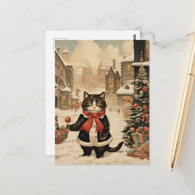 Christmas Kitty, Snowy Day Postcard (Front/Back In Situ)