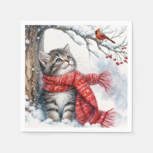 Christmas Kitty Watching a Cardinal Napkin