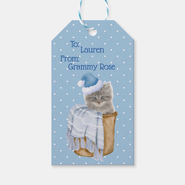 Christmas Kitty With Blue Santa Hat Gift Tag (Front)
