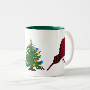 Christmas Kiwi Bird Red, Black Buffalo Plaid, Tree Two-Tone Coffee Mug