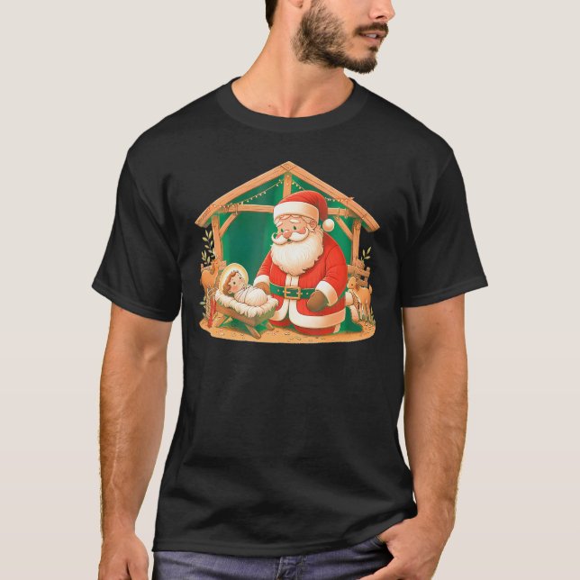 Christmas Kneeling Santa Claus With Baby Jesus     T-Shirt (Front)