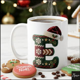 Christmas Knit Sweater Letter E Santa Hat Coffee Mug
