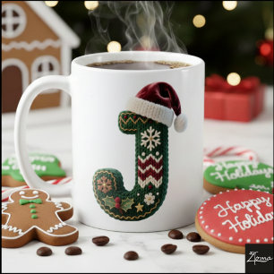 Christmas Knit Sweater Letter J Santa Hat Coffee Mug