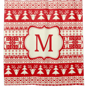 Christmas Knitted Pattern Monogram Initial Shower Curtain