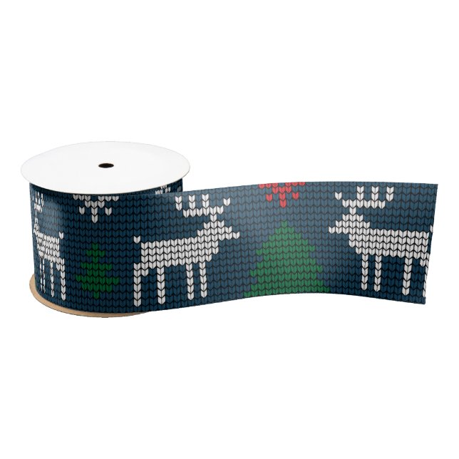 Christmas Knitting Rustic Deer Pine Tree Satin Ribbon (Spool)