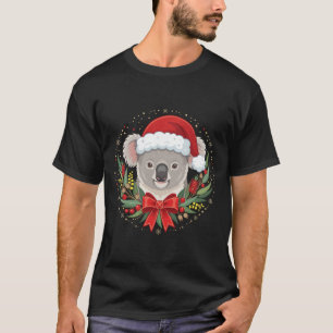 Christmas Koala Santa Hat Wreath Red Bow T-Shirt
