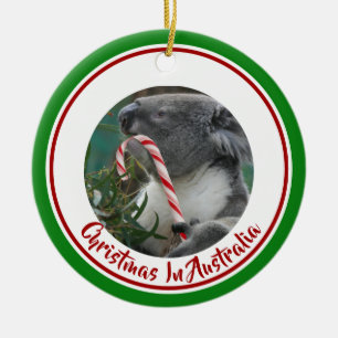 Christmas Koala with Candy Cane in Eucalyptus Tree Ceramic Tree Decoration