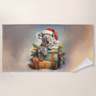 Christmas Koala with presents and holly Beach Towel