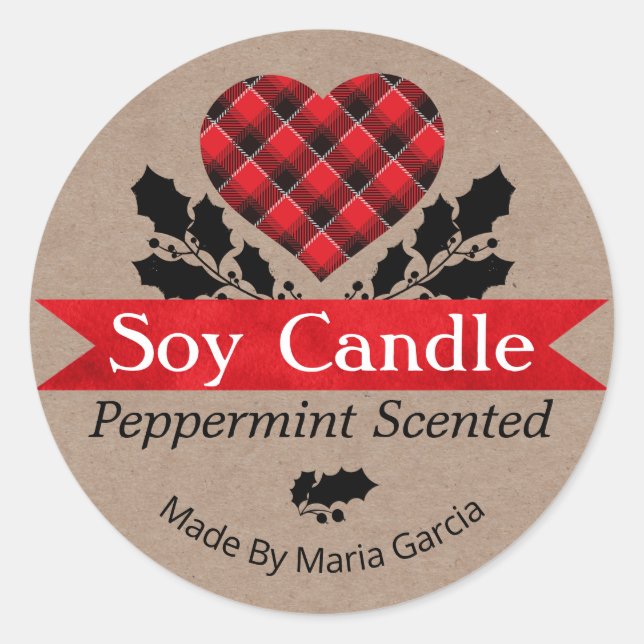 Christmas Kraft Plaid Peppermint Soy Candle Labels (Front)