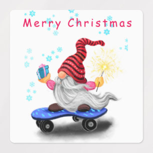 Christmas Labels Skater Gnome with Gifts