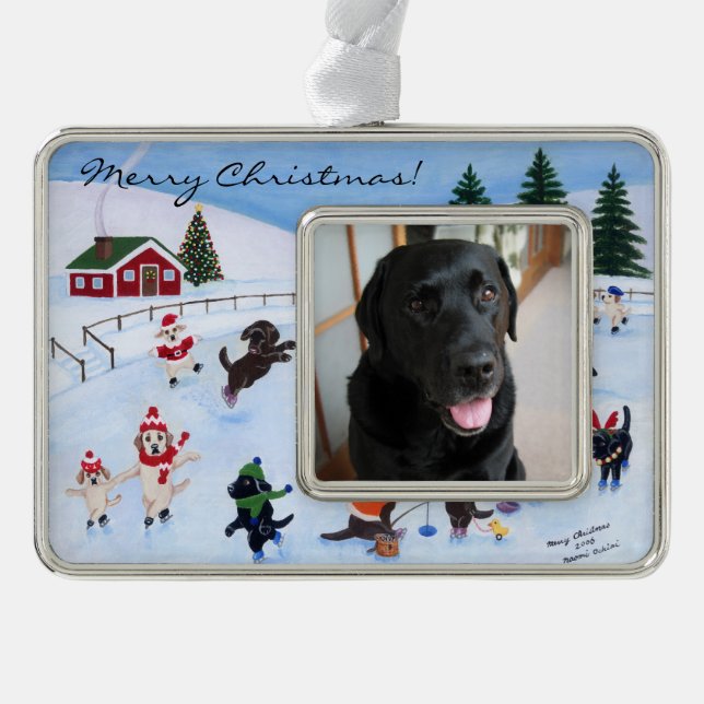 Christmas Labrador Fun Painting Silver Plated Framed Ornament (Front)