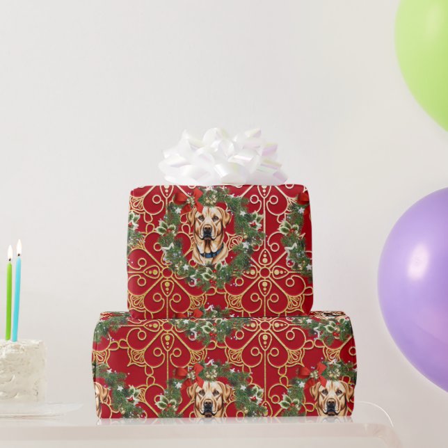 Christmas Labrador On Red Snowflake Background Wrapping Paper (Party Gifts)