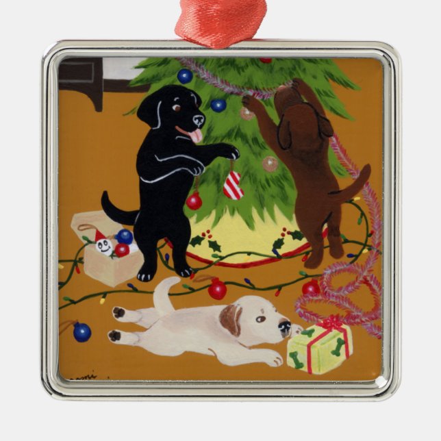 Christmas Labrador Painting Metal Tree Decoration (Front)