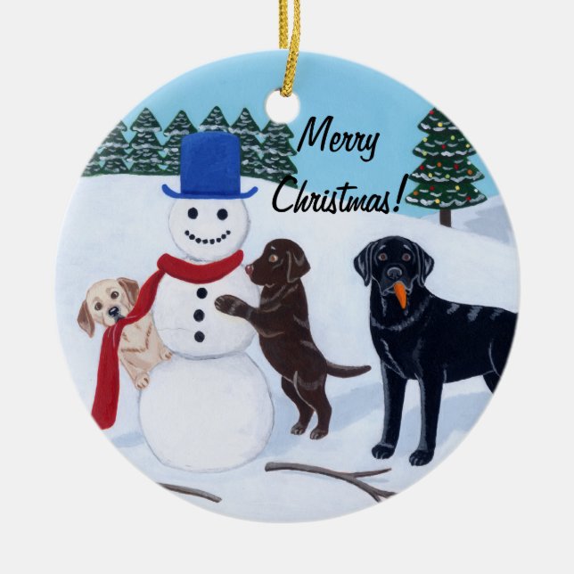Christmas Labrador Painting Snowman Ceramic Tree Decoration (Front)
