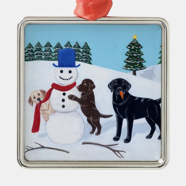 Christmas Labrador Painting Snowman Metal Tree Decoration (Front)