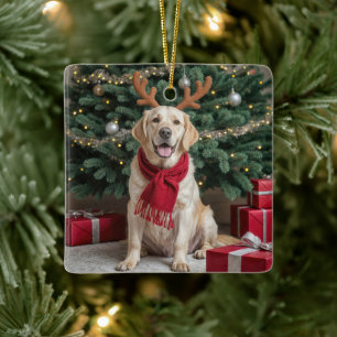 Christmas Labrador Retriever With Antlers Ceramic Ornament