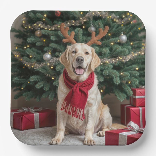 Christmas Labrador Retriever With Antlers Paper Plate (Front)
