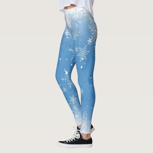  Christmas  Lace Snowflakes Sparkle on Blue Leggings (Left)