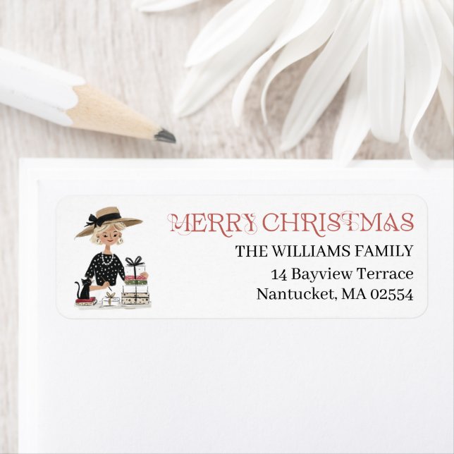 Christmas Lady & Cat Personalized Return Address (Insitu)