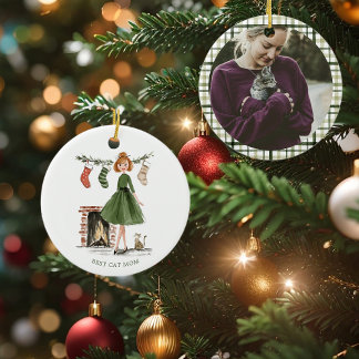 Christmas Lady with Cat Personalized Photo Ceramic Tree Decoration