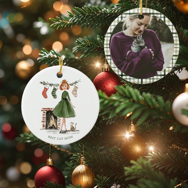 Christmas Lady with Cat Personalized Photo Ceramic Tree Decoration (Creator Uploaded)