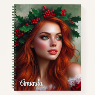 Christmas Lady with Holly Leaves Spiral Notebook