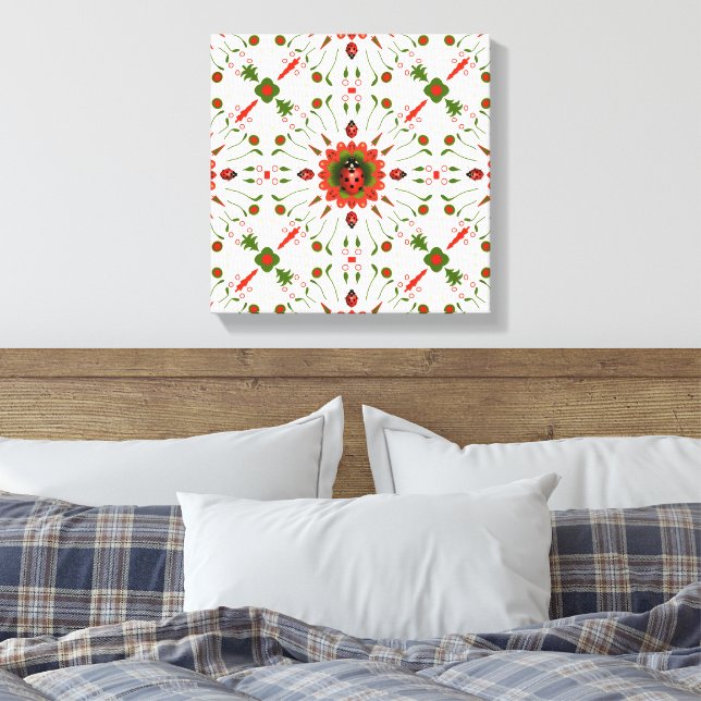 Christmas Ladybug Red, Green, and White Canvas Print (Insitu(Bedroom))