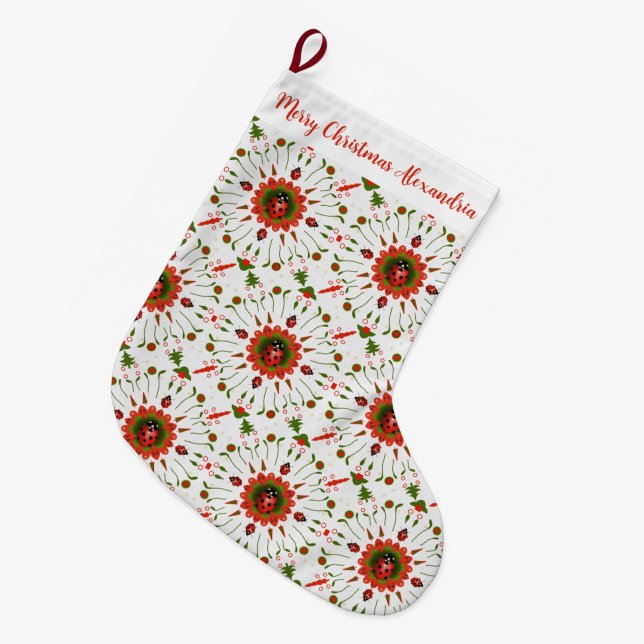 Christmas Ladybug Red, Green, and White Name Large Christmas Stocking (Front (Hanging))