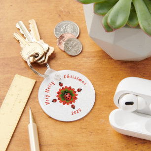 Christmas Ladybug Red Green White Square Key Ring