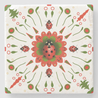 Christmas Ladybug Red Green White Stone Coaster