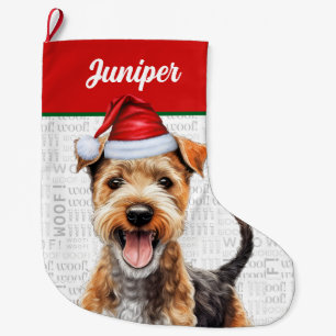 Christmas Lakeland Terrier Name Woof Background Large Christmas Stocking