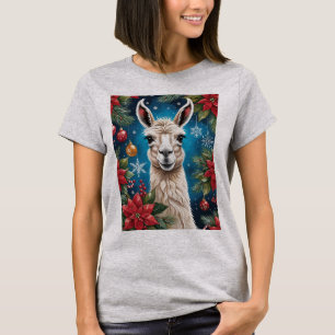 Christmas Lama With Poinsettias & Ornaments T-Shirt