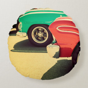 Christmas landscape background with snow and tree. round cushion