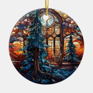 Christmas Landscape stained glass style Ceramic Tree Decoration