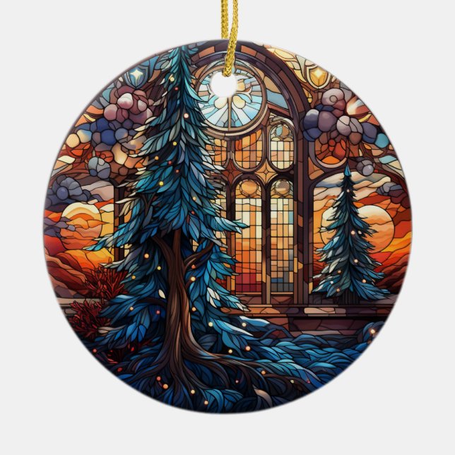 Christmas Landscape stained glass style Ceramic Tree Decoration (Front)