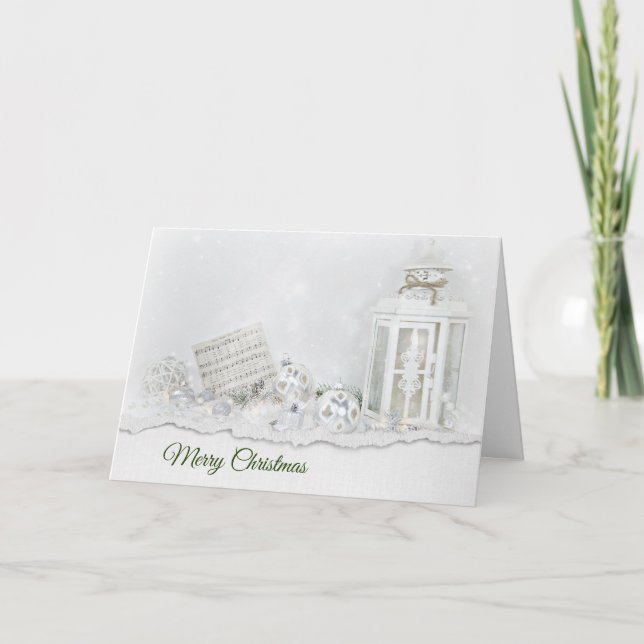 Christmas lantern and ornaments in snow holiday card (Front)