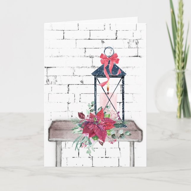 Christmas Lantern and Poinsettia Bouquet  Holiday Card (Front)