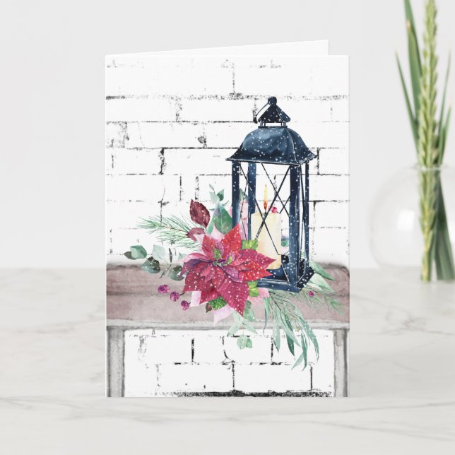 Christmas Lantern and Poinsettias Holiday Card (Front)