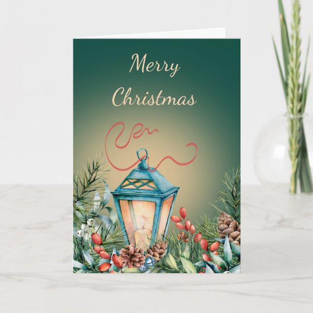 Christmas Lantern and Winter Foliage Holiday Card (Front)
