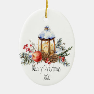 Christmas Lantern Holly Pine Apple Custom Dated Ceramic Tree Decoration