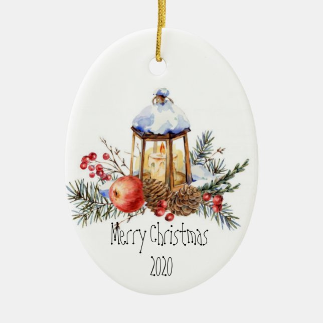 Christmas Lantern Holly Pine Apple Custom Dated Ceramic Tree Decoration (Front)