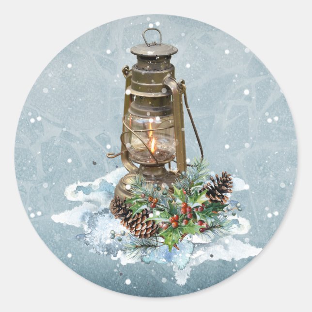Christmas Lantern in the Snow Classic Round Sticker (Front)