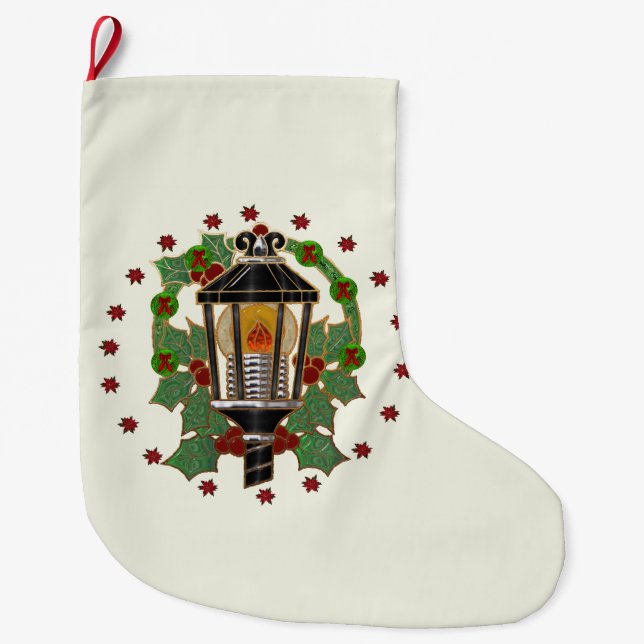 Christmas Lantern Stain Glass Art Deco Large Christmas Stocking (Front)