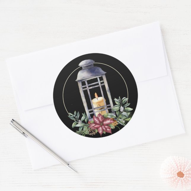 Christmas Lantern with Candle on Black  Classic Round Sticker (Envelope)