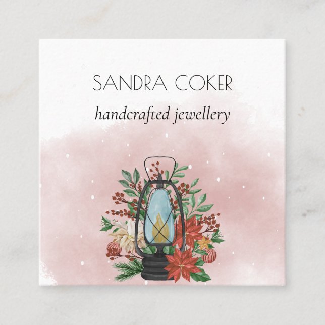 christmas lantern with flower poinsettia Necklace  Square Business Card (Front)