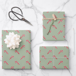 Christmas laurel green red cute candy cane pattern wrapping paper sheet