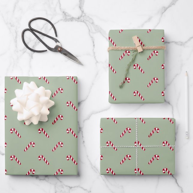 Christmas laurel green red cute candy cane pattern wrapping paper sheet (Front)
