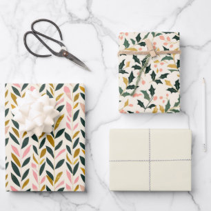 Christmas Leaf Green Ivory Pink Gold Wrapping Paper Sheet