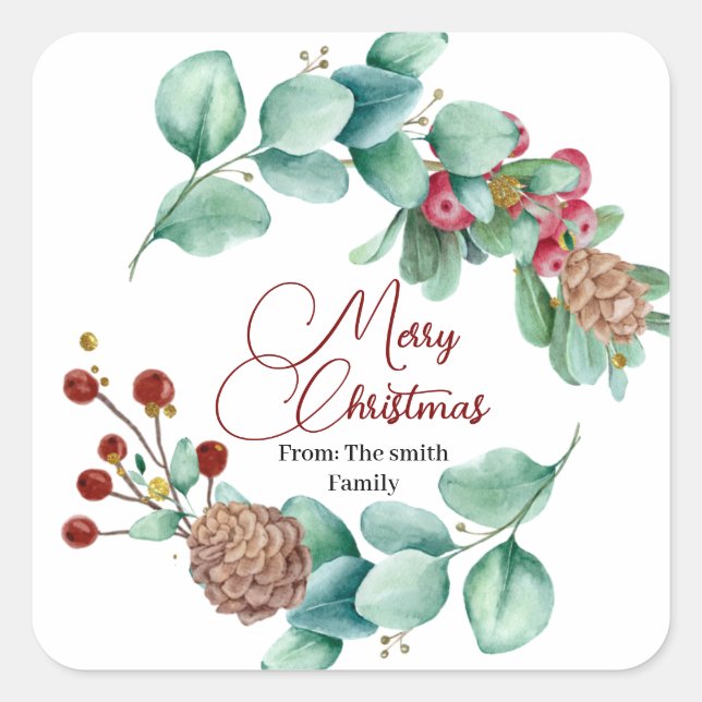 Christmas Leaves and Holi wreath with pinecone Square Sticker (Front)