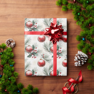 Christmas Leaves and Red Balls Wrapping Paper